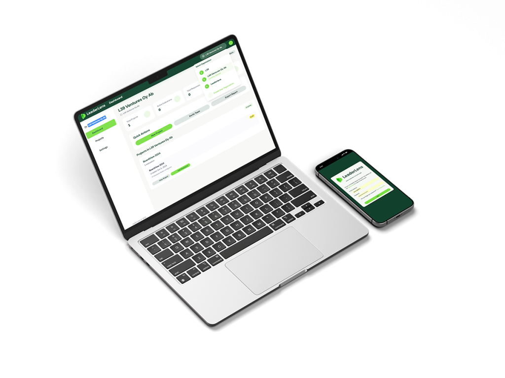 LeaderLens on laptop and phone screens